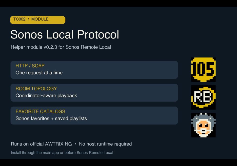 Sonos Local Protocol shown on an AWTRIX display